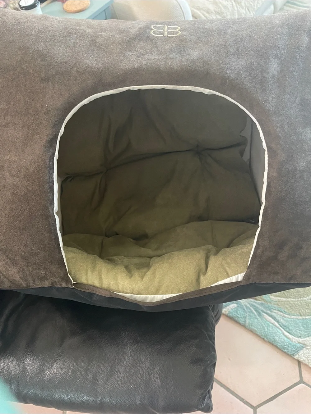 Plush Indoor Dog Cave Bed with Green Cushion - BB Logo
